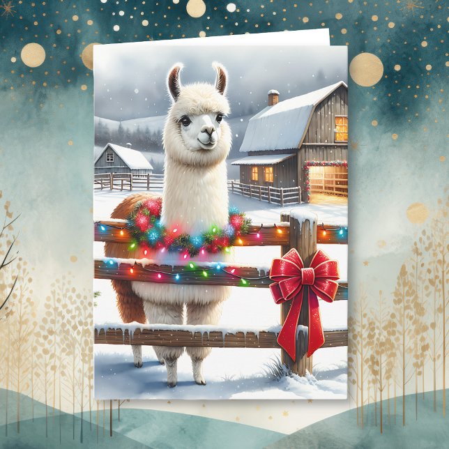 Vintage Farm and Cute Llama Christmas  Card (Creator Uploaded)