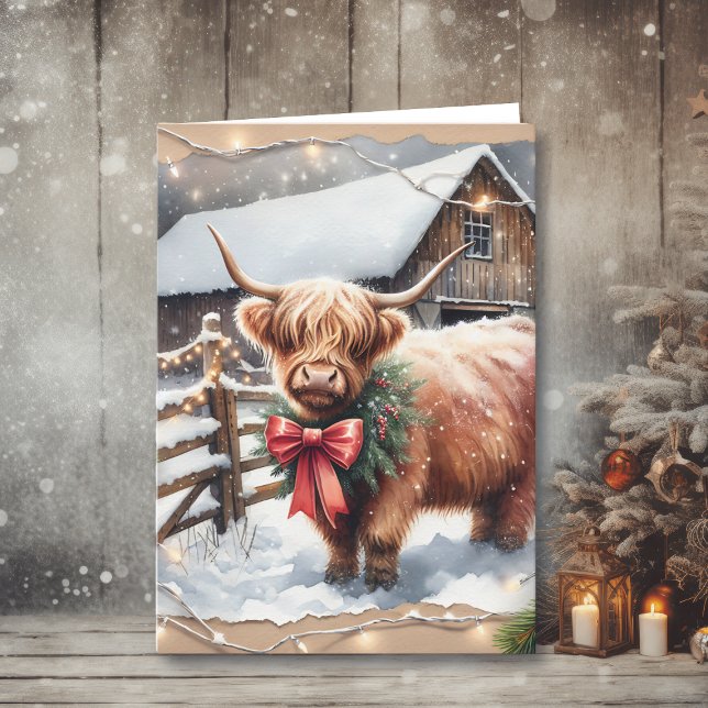 Vintage Farm and Highland Cow Christmas  Card (Creator Uploaded)