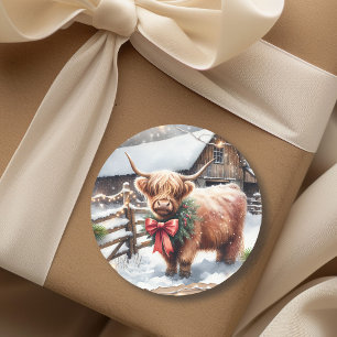 Vintage Farm and Highland Cow Christmas  Classic Round Sticker