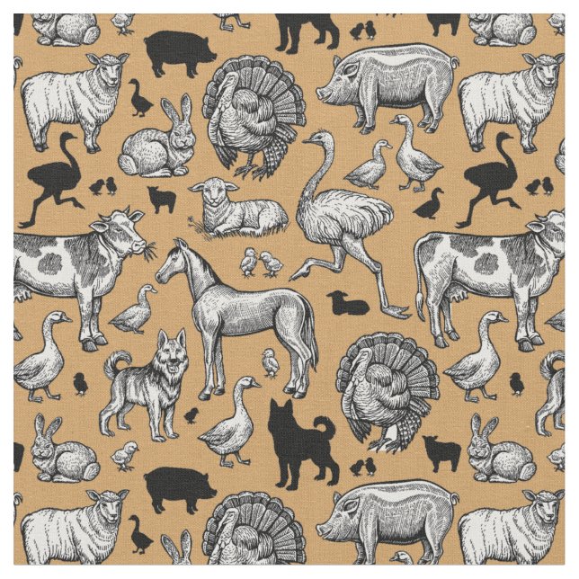 Vintage Farm Animal Drawing  Fabric (Close Up)