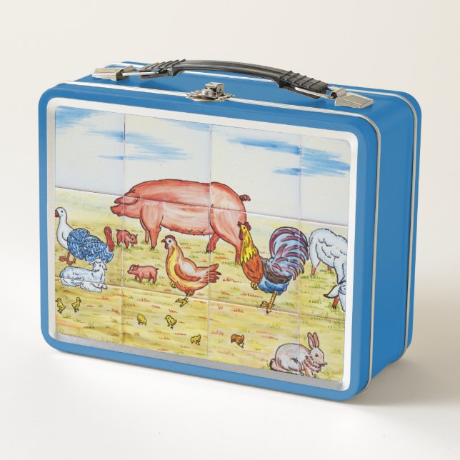 Vintage farm animal old fashioned pig duck lamb metal lunch box (Front)