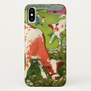 Vintage Farm Animals, Cows Grazing with Farmer iPhone X Case
