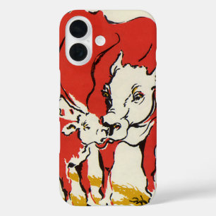 Vintage Farm Animals,  Holstein Cow with Calf iPhone 16 Case