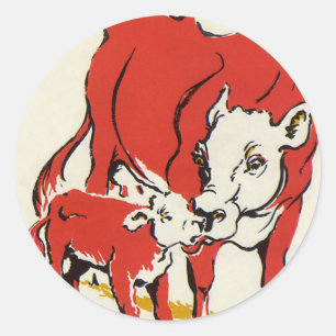 Vintage Farm Animals,  Holstein Cow with Calf Classic Round Sticker