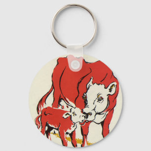 Vintage Farm Animals, Mama Cow with Her Baby Calf Key Ring