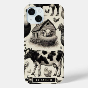 Vintage Farm Animals Painting iPhone 15 Case