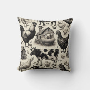 Vintage Farm Animals Painting Cushion