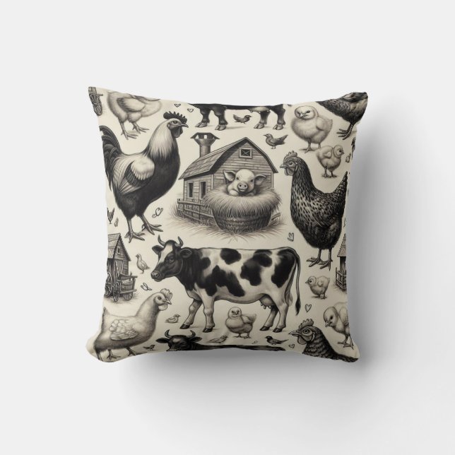 Vintage Farm Animals Painting Cushion (Front)
