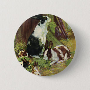Vintage Farm Animals, Pet Rabbits Playing by Hutch 6 Cm Round Badge