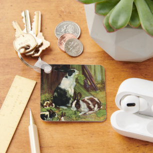 Vintage Farm Animals, Pet Rabbits Playing by Hutch Key Ring