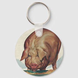 Vintage Farm Animals, Pig Eating Slop at a Trough Key Ring