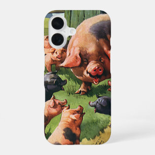 Vintage Farm Animals, Pig with Cute Baby Piglets iPhone 16 Case
