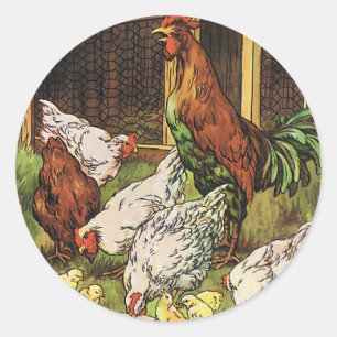 Vintage Farm Animals, Rooster, Hens, Chickens Classic Round Sticker