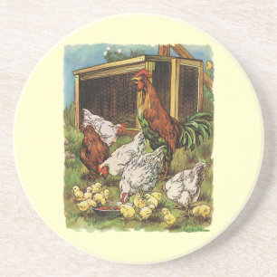 Vintage Farm Animals, Rooster, Hens, Chickens Coaster