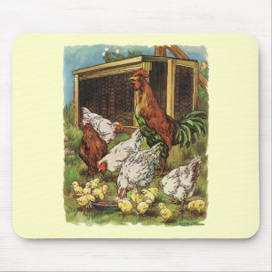 Vintage Farm Animals, Rooster, Hens, Chickens Mouse Mat