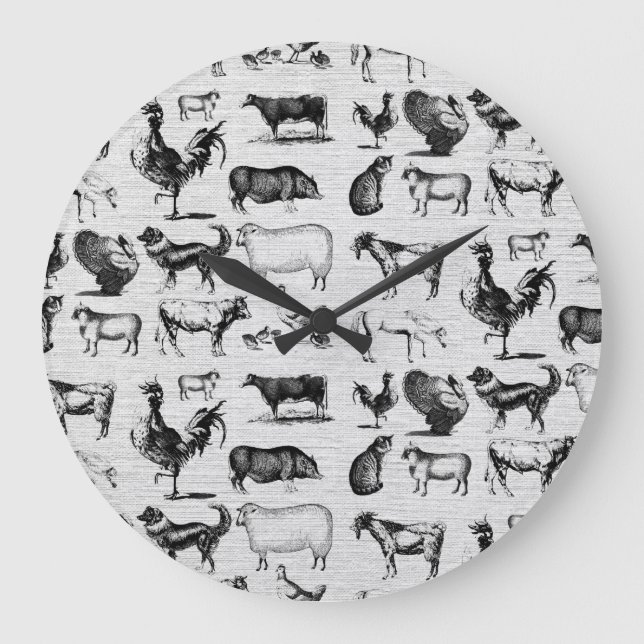 Vintage Farm Animals Rustic Collage  Large Clock (Front)