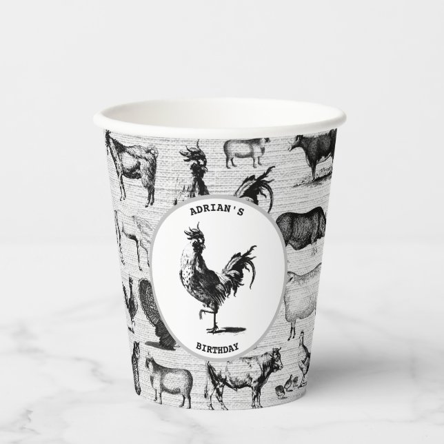 Vintage Farm Animals Rustic Collage Paper Cups (Front)