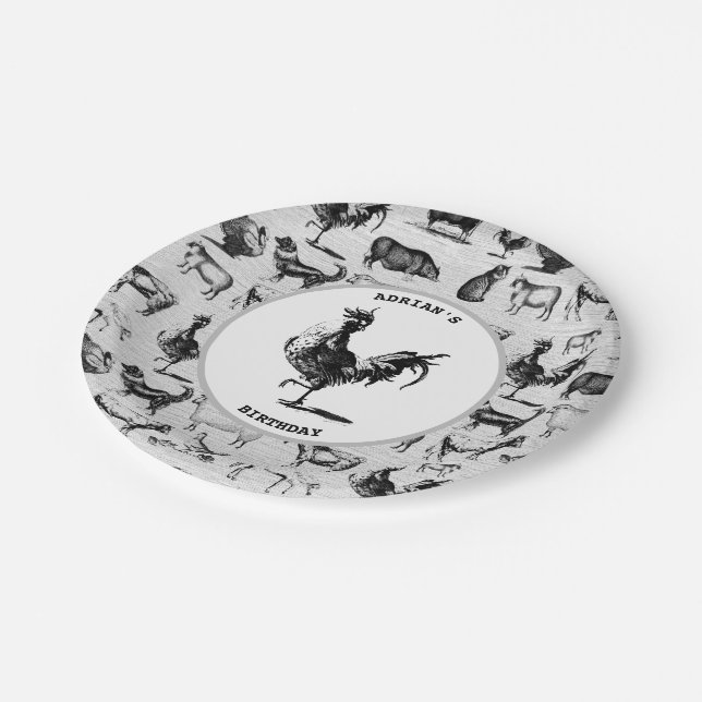 Vintage Farm Animals Rustic Collage Paper Plate (Angled)