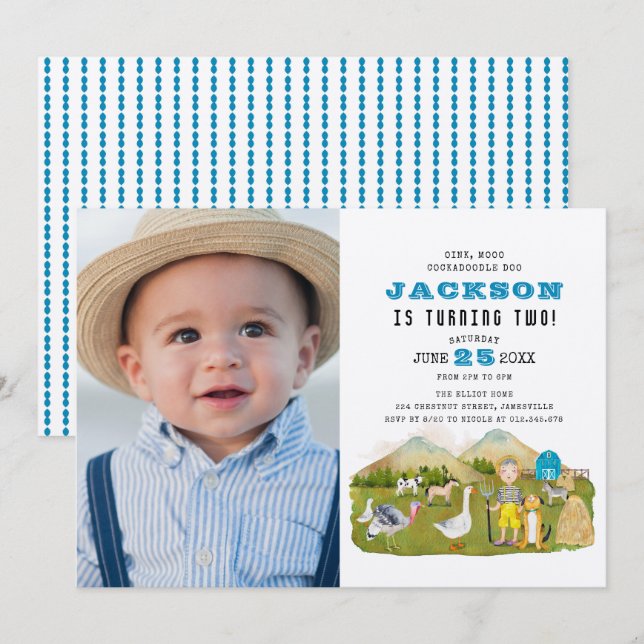 Vintage Farm Barnyard Animals Photo 2nd Birthday Invitation (Front/Back)