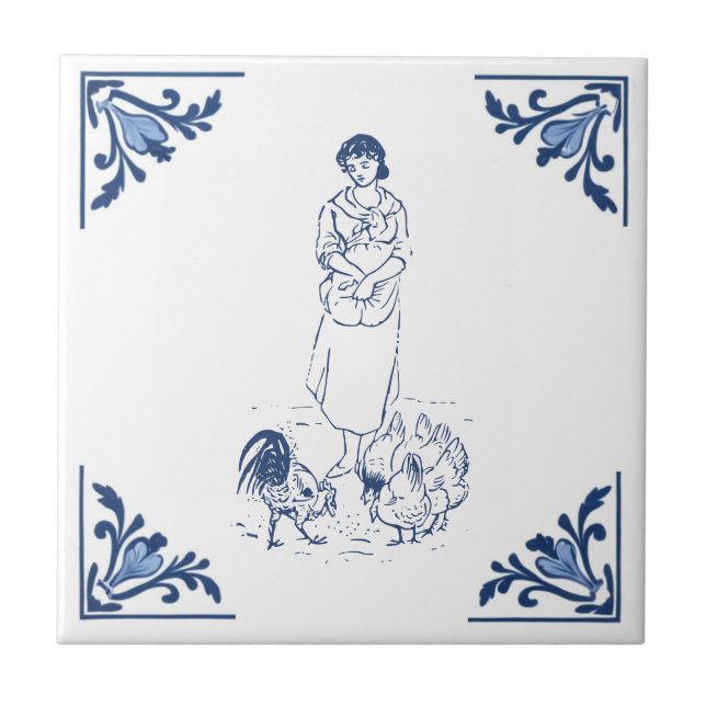 Vintage Farm Feeding Chickens Delft Blue White Tile (Front)