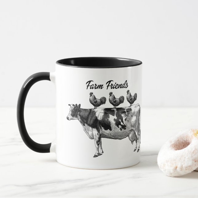 Vintage Farm Friends cow chickens Country mug (With Donut)