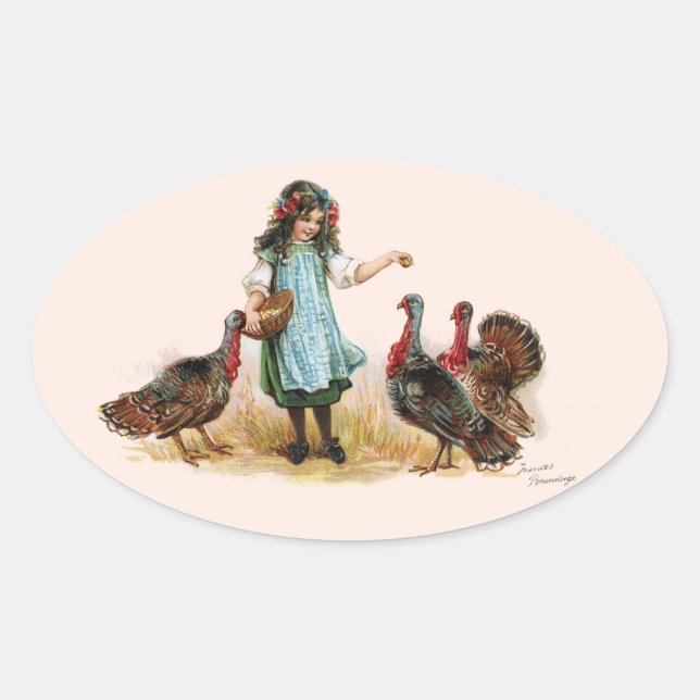 Vintage Farm Girl & Turkeys Oval Sticker (Front)