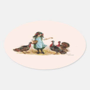 Vintage Farm Girl & Turkeys Oval Sticker