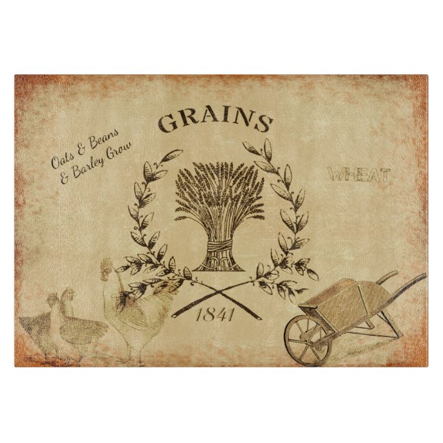 Vintage Farm Grain Sack Chicken Collage Cutting Board (Front)