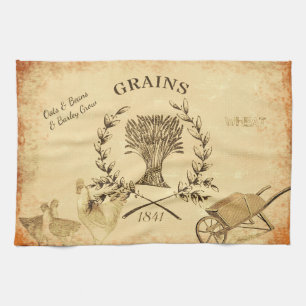 Vintage Farm Grain Sack Chicken Collage Tea Towel