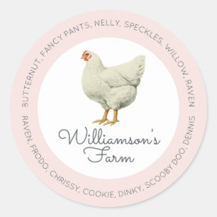 Vintage Farm Hen Chicken Names Egg Carton Pink Classic Round Sticker