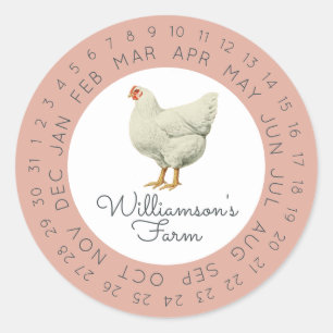 Vintage Farm Hen Encircled Date Egg Carton Pink Classic Round Sticker