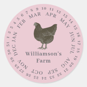 Vintage Farm Hen Encircled Date Egg Carton Pink Classic Round Sticker