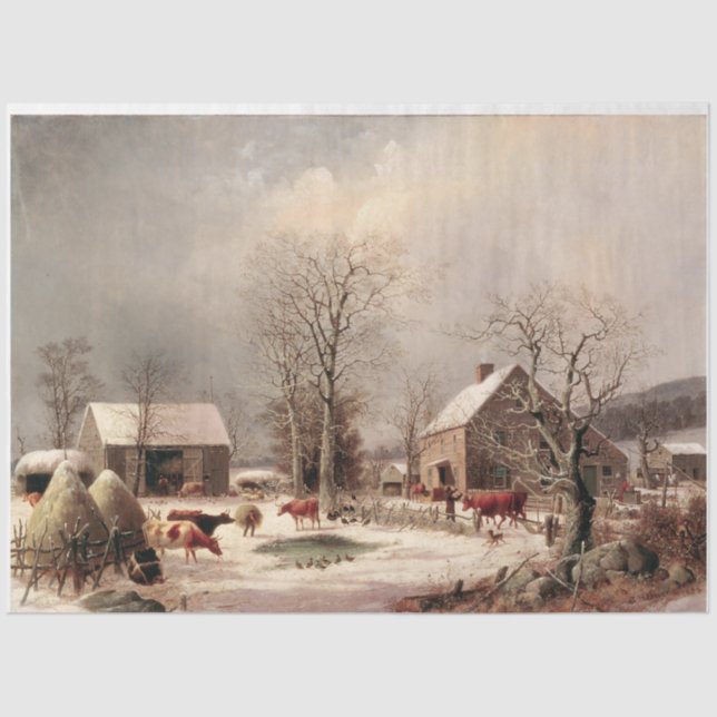 Vintage Farm in Winter Painting Decoupage Tissue Paper (Front)