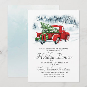 Vintage Farm Red Truck Christmas Holiday Dinner Invitation