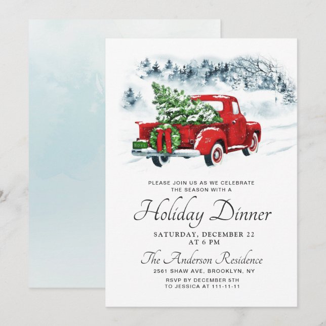 Vintage Farm Red Truck Christmas Holiday Dinner Invitation (Front/Back)