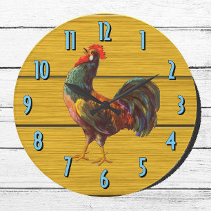 Vintage Farm Rooster Rustic Wood Plank Kitchen Large Clock