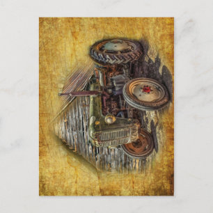 Vintage Farm Tractor Old Barn Shed Postcard