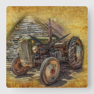Vintage Farm Tractor Old Barn Shed Square Wall Clock