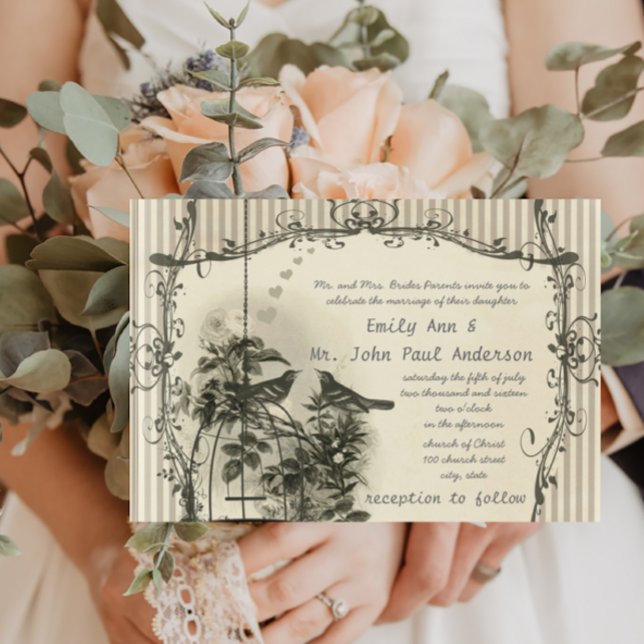 Vintage Farmhouse Birdcage Lovebird Wedding Invitation (Creator Uploaded)