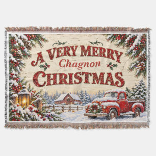 Vintage Farmhouse Christmas RedTruck Throw Blanket