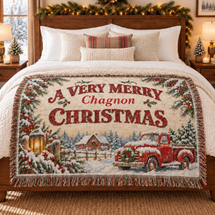 Vintage Farmhouse Christmas RedTruck Throw Blanket