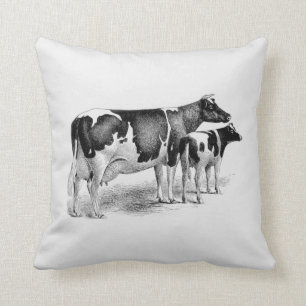 Vintage Farmhouse Cow and Calf Black White Drawing Cushion