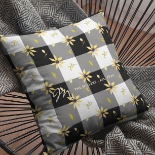 Vintage farmhouse floral black white buffalo check cushion