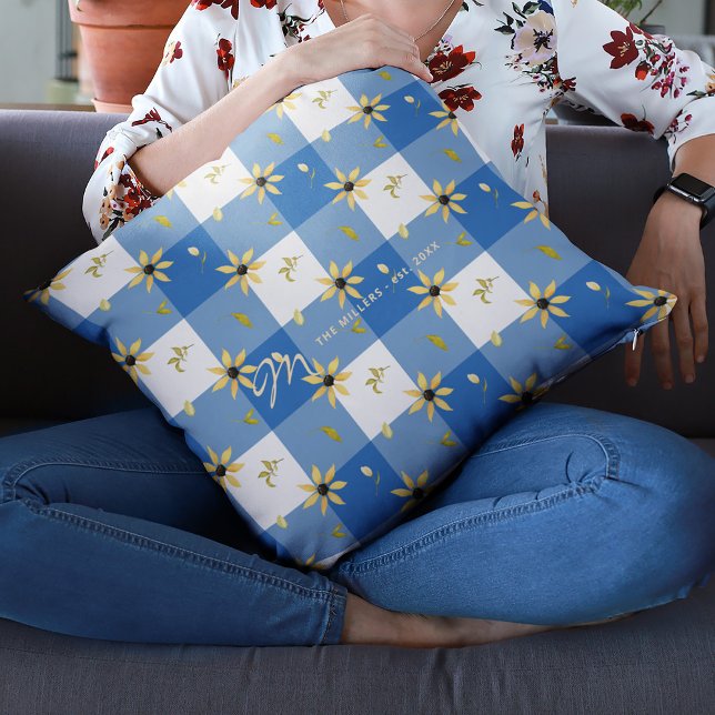 Vintage farmhouse floral blue buffalo check cushion (Creator Uploaded)