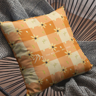 Vintage farmhouse floral orange buffalo check cushion