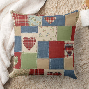 Vintage Farmhouse Heart Quilt Patchwork Print Cushion