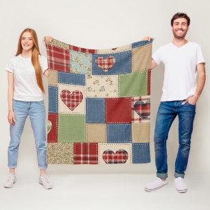 Vintage Farmhouse Heart Quilt Patchwork Print Fleece Blanket