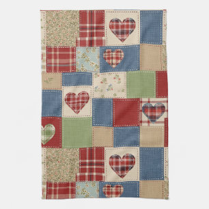 Vintage Farmhouse Heart Quilt Patchwork Print Tea Towel