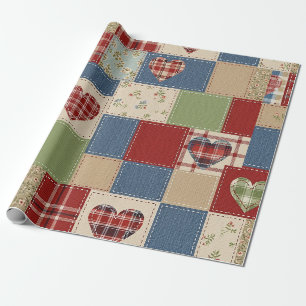 Vintage Farmhouse Heart Quilt Patchwork Print Wrapping Paper