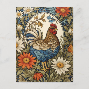 Vintage Farmhouse Hen and Daisy Flowers Postcard